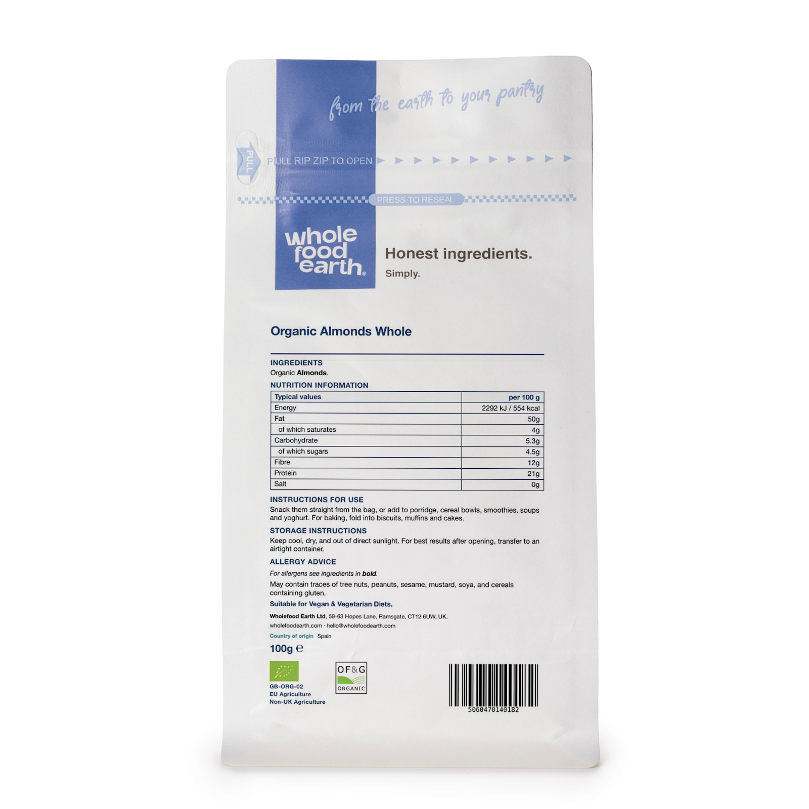Whole Food Earth organic whole almonds in a clear container, showing light brown, whole nuts ideal for snacking or cooking.