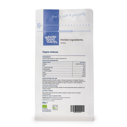 Organic Sultanas from Whole Food Earth, dried fruit close-up showing golden raisins with a natural, plump appearance.