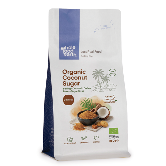 Organic coconut sugar in a brown jar from Whole Food Earth, showing the product's natural granulated appearance.