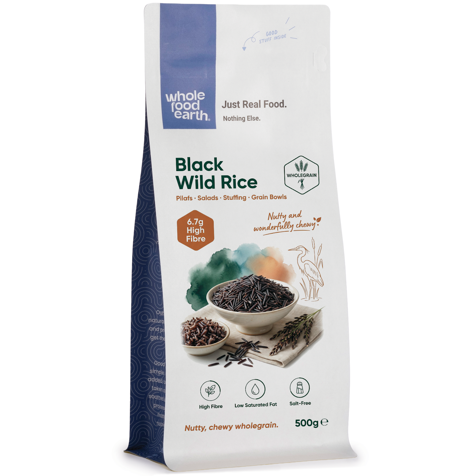 Black Wild Rice from Whole Food Earth, a close-up of cooked black wild rice grains on a white background.