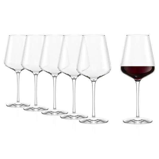 Set of six Stolzle Lausitz Quatrophil Bordeaux wine glasses, 645ml, with clear glass design for red wine presentation.