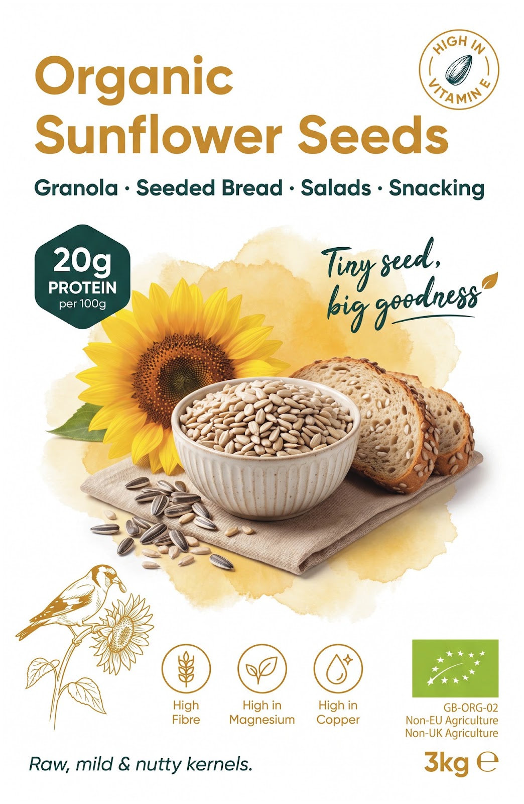 Close-up of organic sunflower seeds in a bowl, showcasing their light tan color and natural texture from Whole Food Earth.