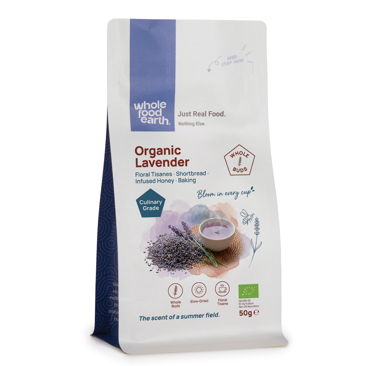 Organic lavender herb from Whole Food Earth, fresh purple dried flowers used for cooking, herbal teas, or aromatic purposes.