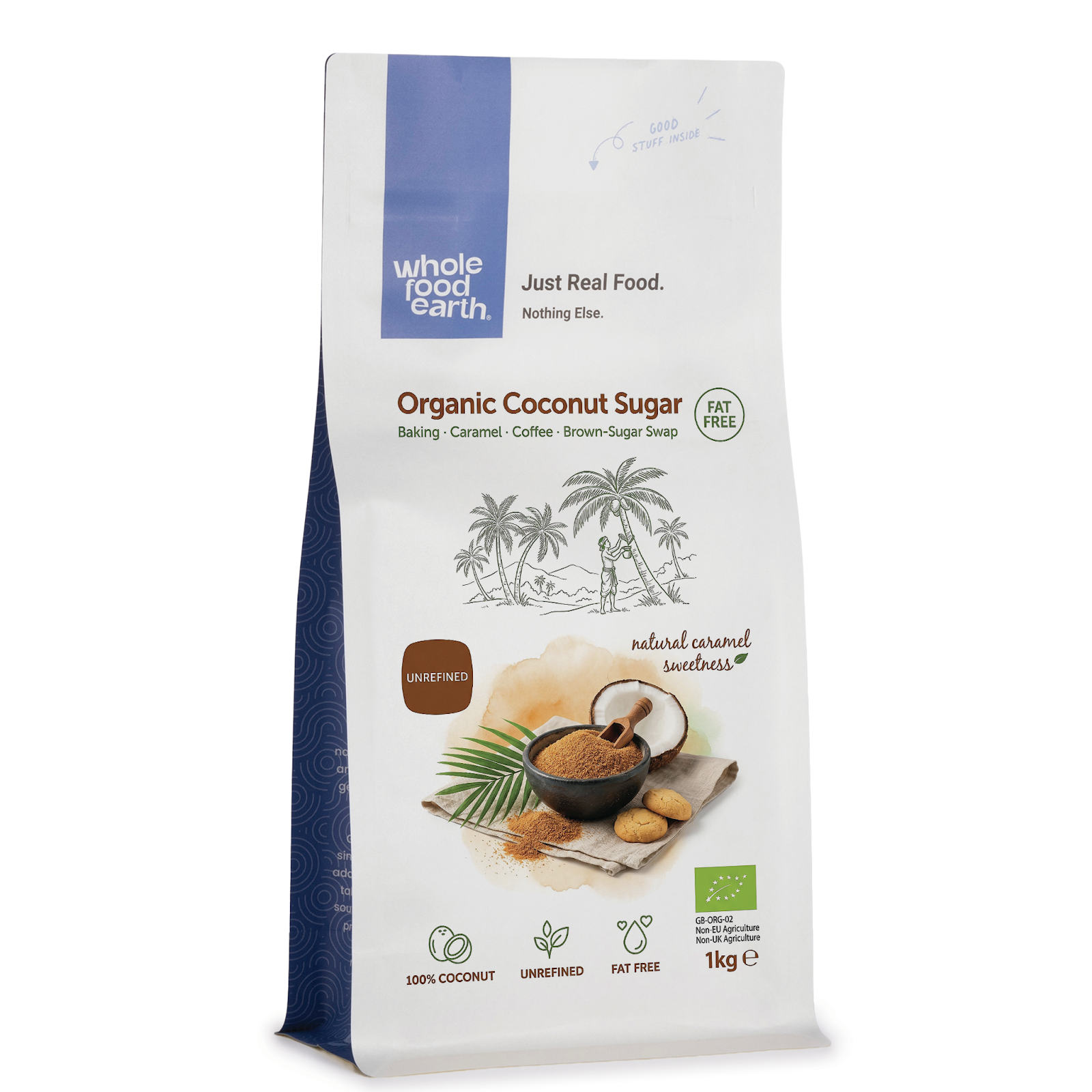 Organic coconut sugar in a clear glass jar, showing the light brown granulated sweetener from Whole Food Earth.
