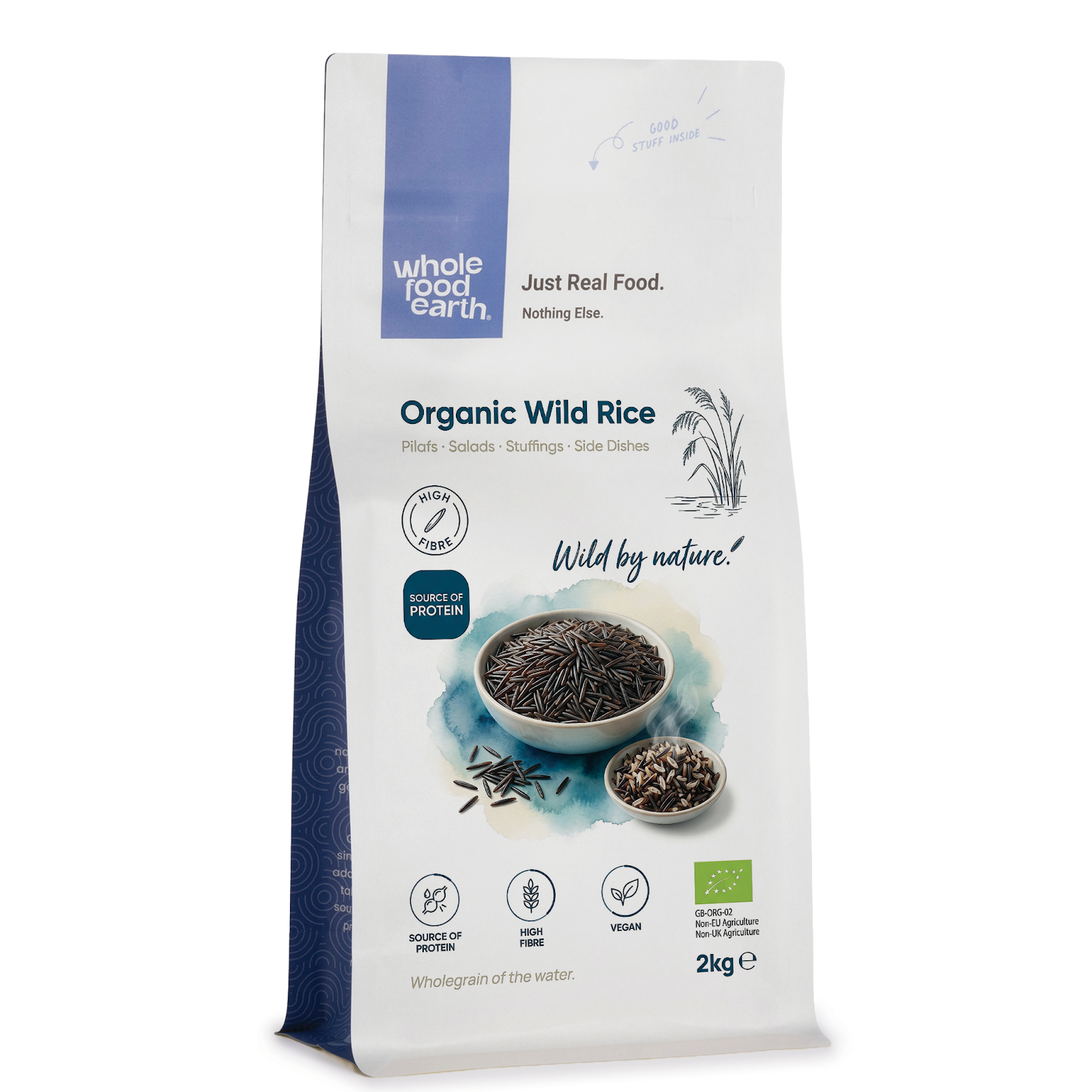 Organic wild rice from Whole Food Earth, showing a bowl of cooked wild rice grains with a natural, earthy appearance.