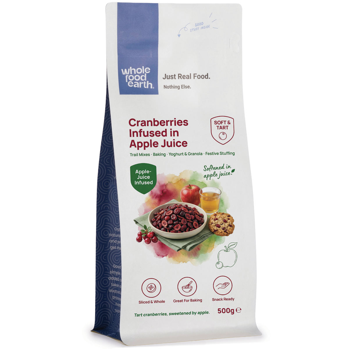 Dried cranberries infused in apple juice, packaged as Whole Food Earth dried fruits, shown in a clear resealable bag.
