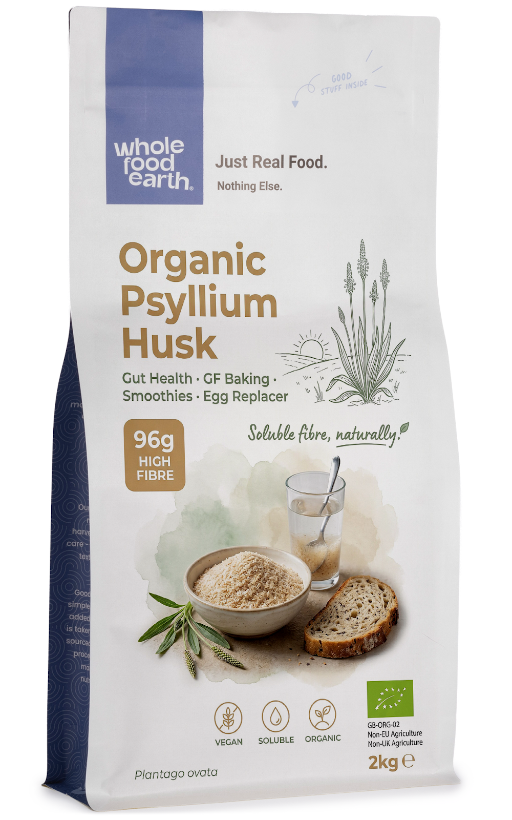 Organic Psyllium Husk from Whole Food Earth, close-up of the brown, fibrous specialty powder in a clear container.