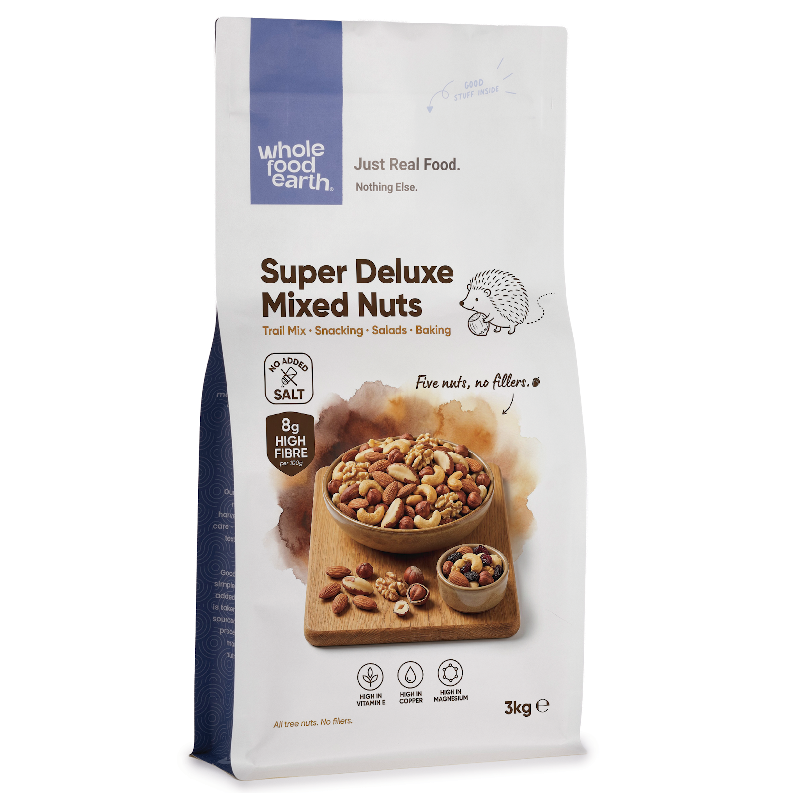 Mixed nuts in a bowl featuring Whole Food Earth Super Deluxe Mixed Nuts, including almonds, cashews, and walnuts.