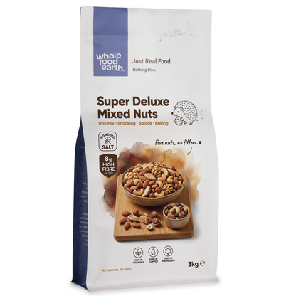 Mixed nuts in a bowl featuring Whole Food Earth Super Deluxe Mixed Nuts, including almonds, cashews, and walnuts.