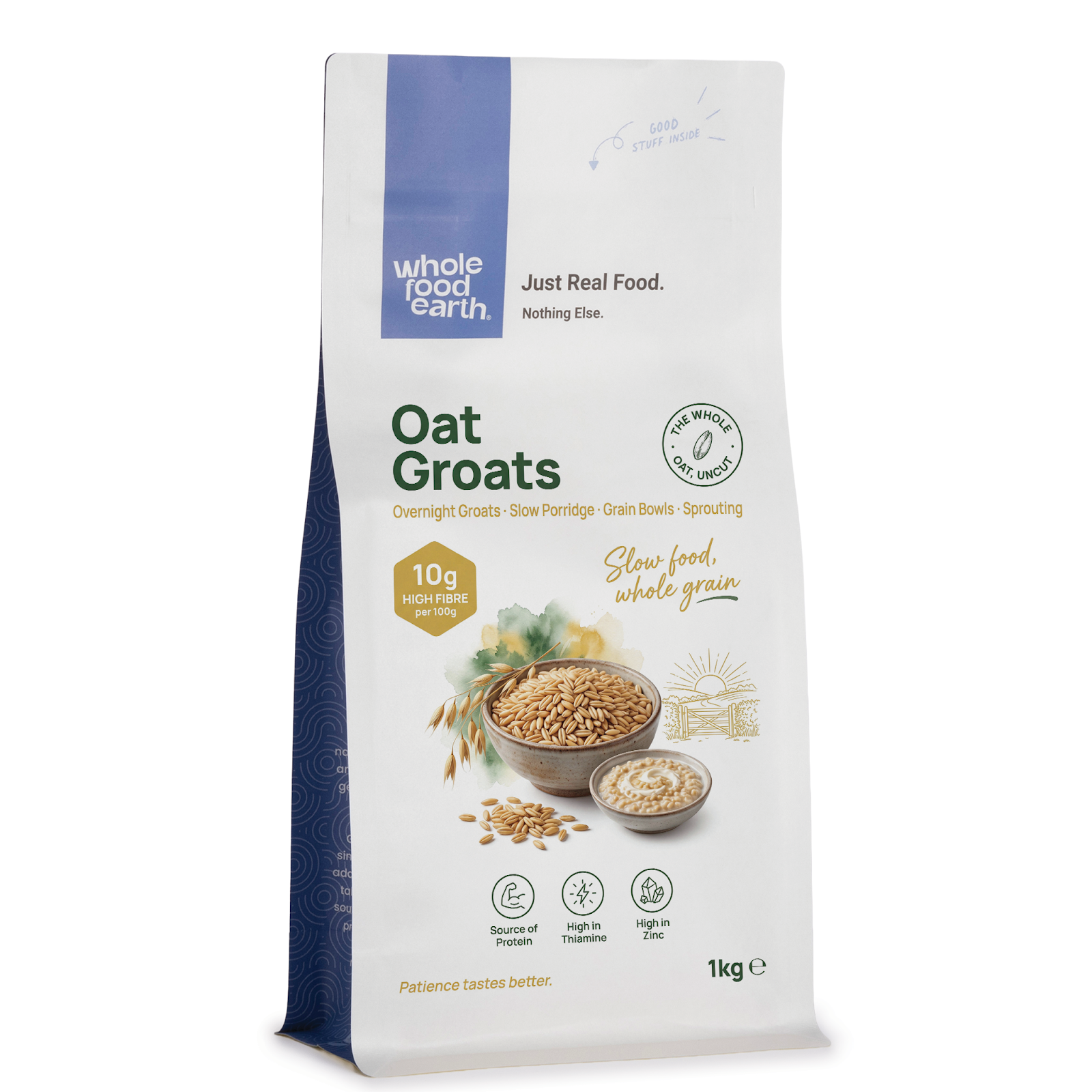 Whole Food Earth oat groats, whole grains in a clear bowl, highlighting their natural, unprocessed state for healthy eating.