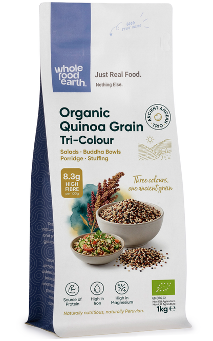 Tri-color organic quinoa grain from Whole Food Earth, shown in a clear image of colorful, uncooked quinoa grains.
