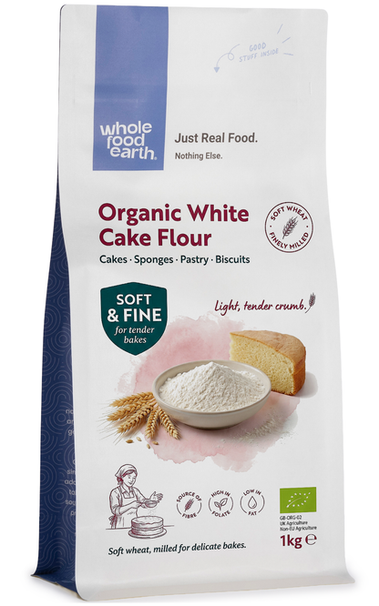 Organic White Cake Flour from Whole Food Earth, showing a close-up of the white flour in a bag for baking use.