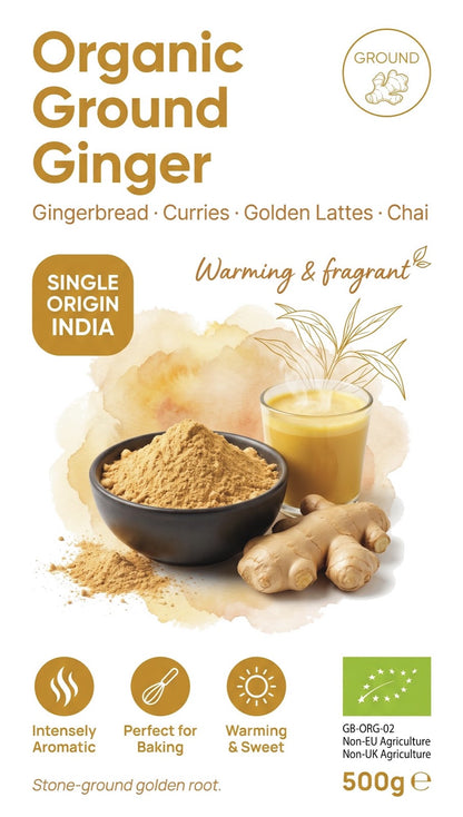 Organic ground ginger from Whole Food Earth, a fine herbal spice in a clear jar showing the golden powdered ginger.