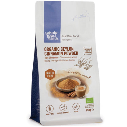 Organic Ceylon cinnamon powder from Whole Food Earth, shown in a glass jar with cinnamon sticks, highlighting fresh, ground spice.