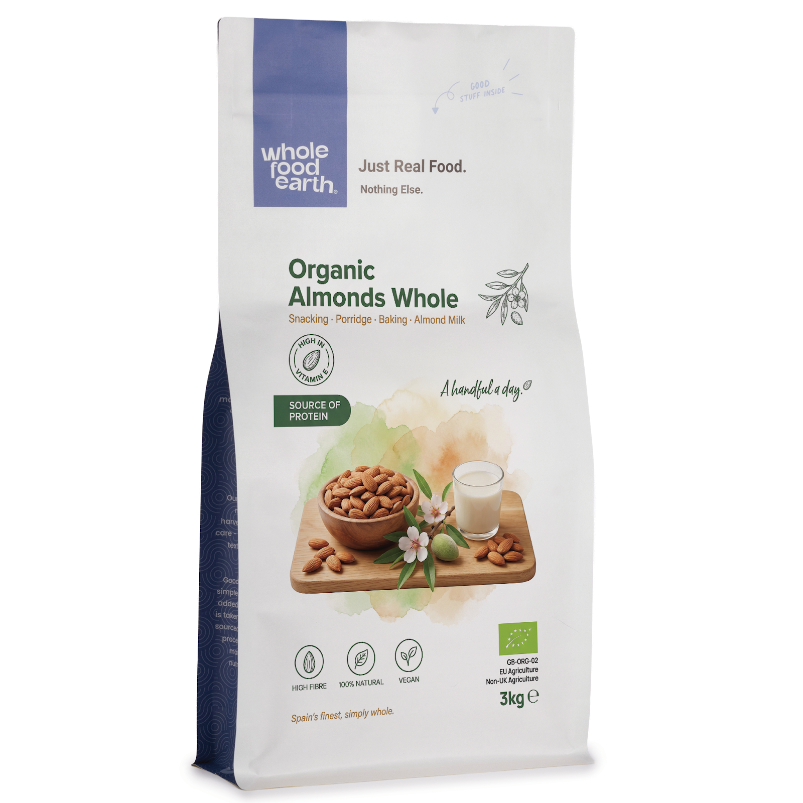 Raw organic whole almonds from Whole Food Earth, showing light brown nuts in a close-up shot.