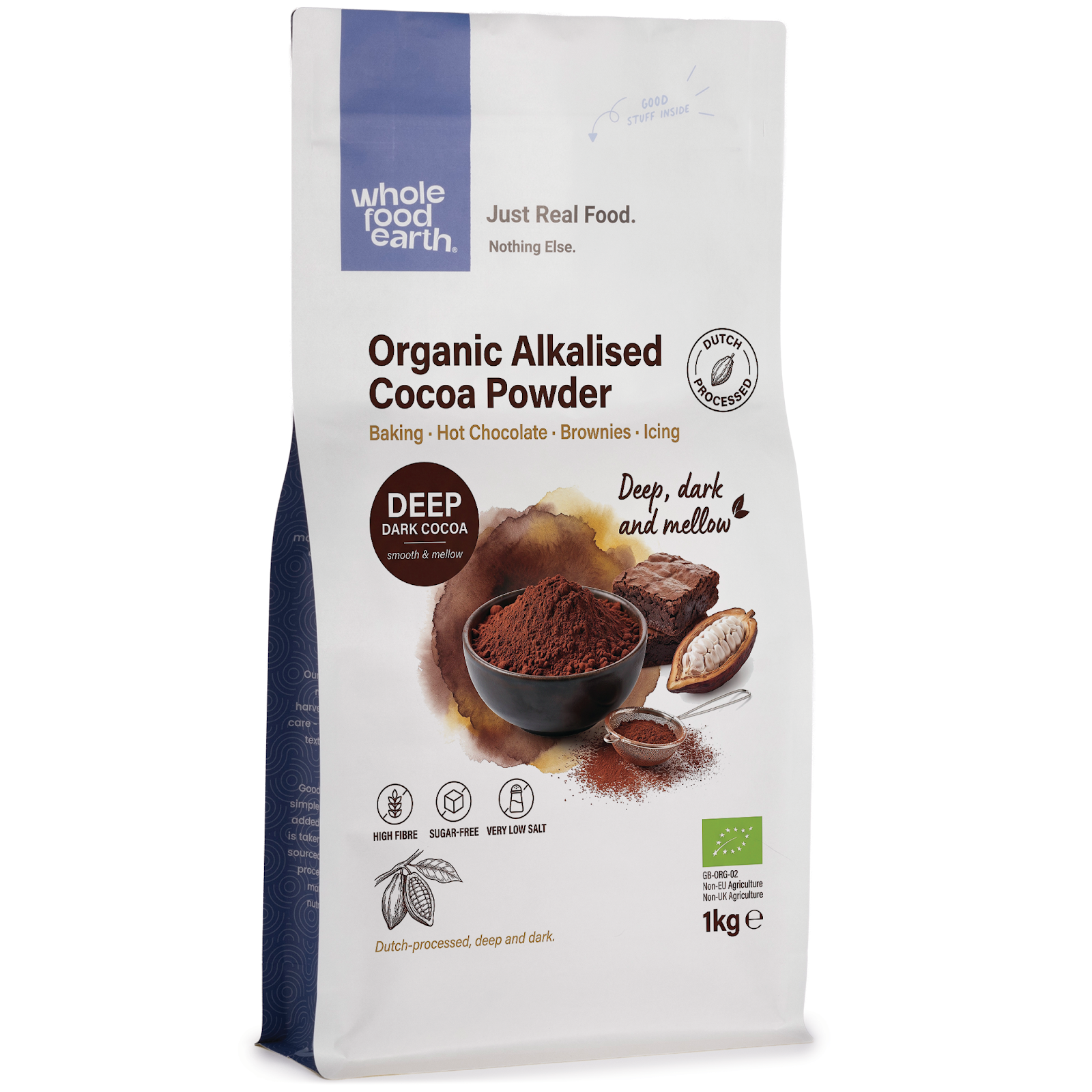 Organic alkalised cocoa powder from Whole Food Earth, showing a close-up of rich, dark cocoa powder in a bowl.