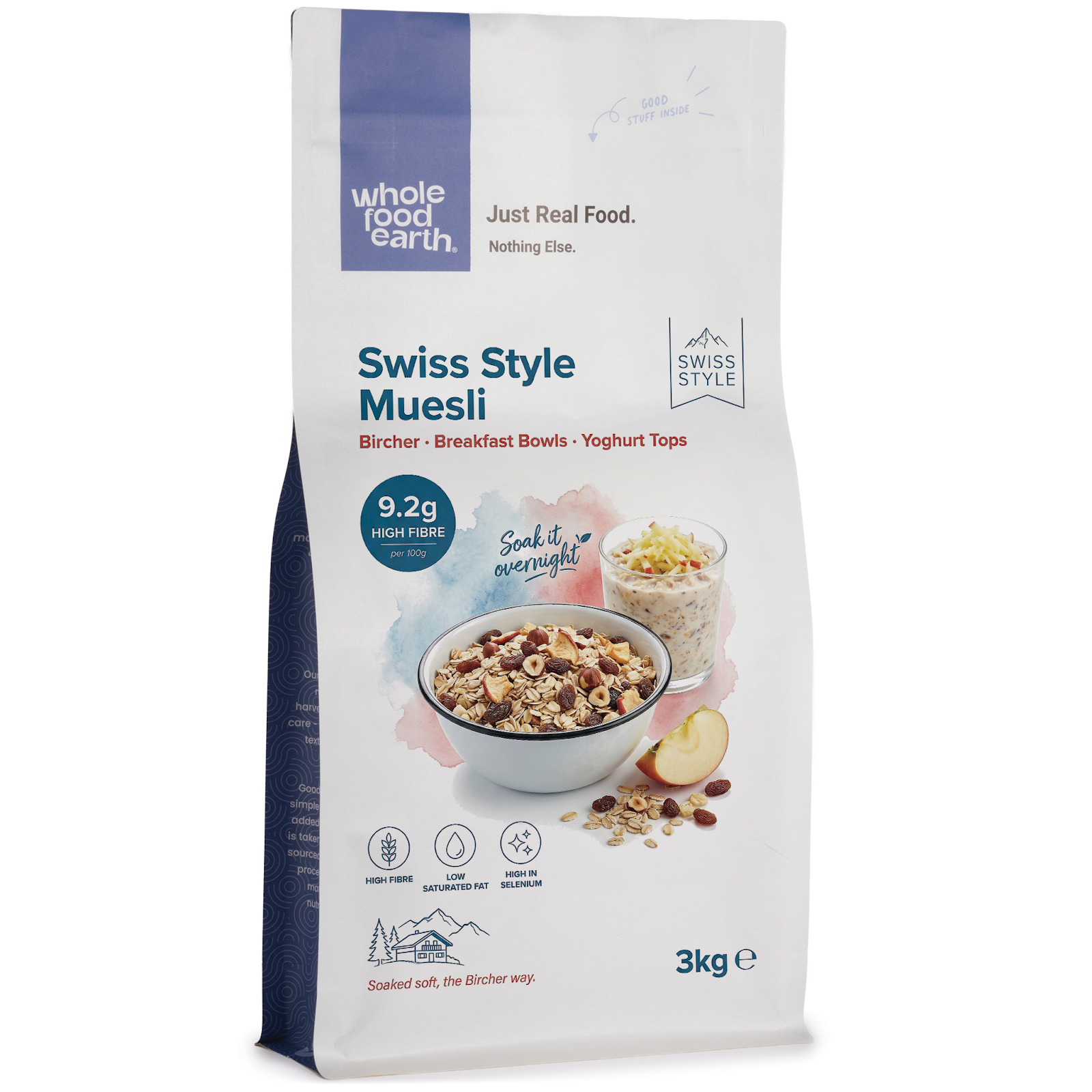 Whole Food Earth Swiss Style Muesli cereal with flakes, dried fruit, and nuts in a bowl.