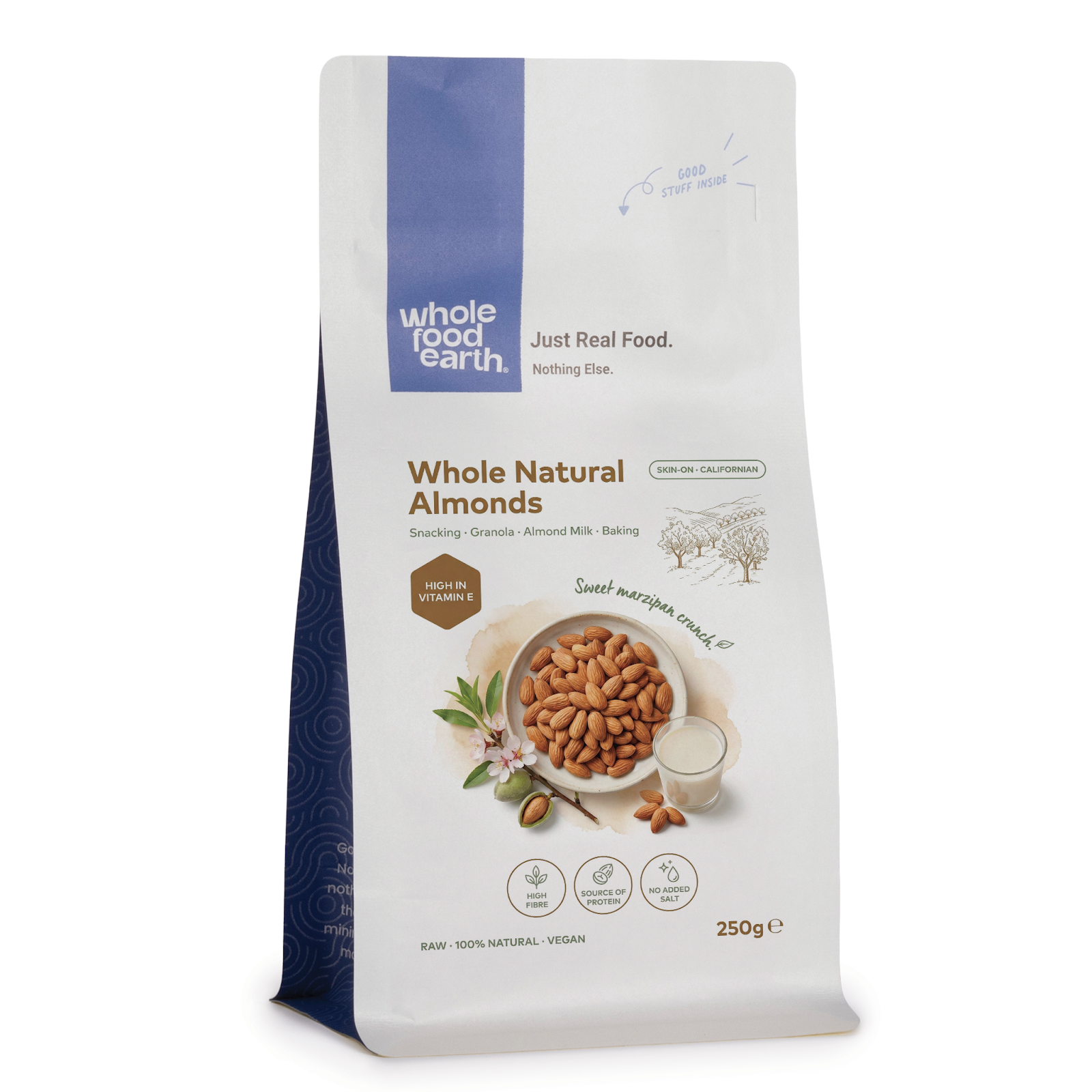Whole Food Earth natural almonds, whole nuts and seeds, displayed in a clear container, showcasing their crunchy texture and light brown color.