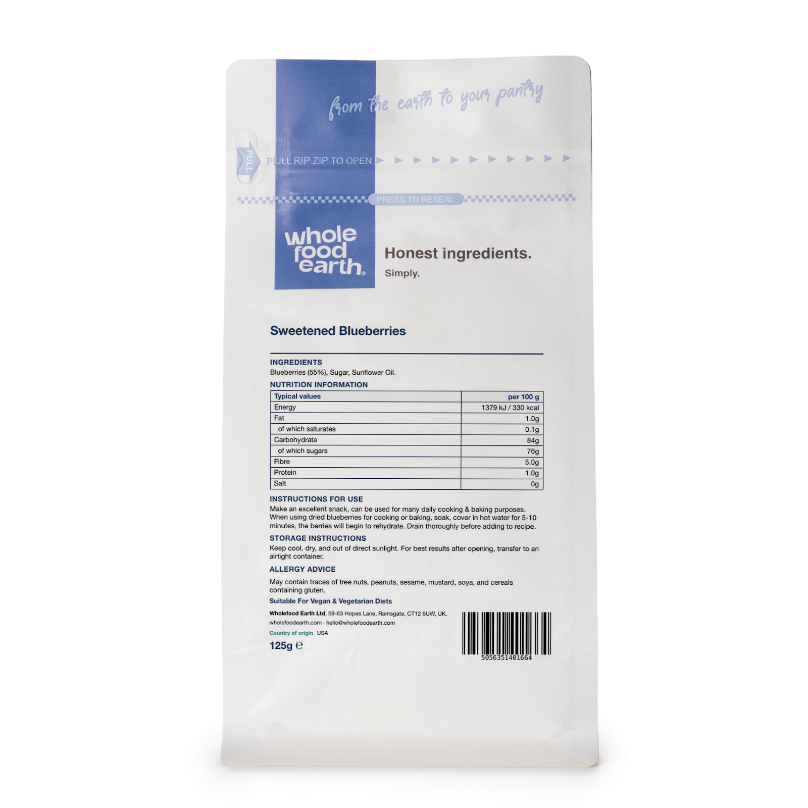 Dried sweetened blueberries from Whole Food Earth, close-up of plump, glossy blue berries on a white background.