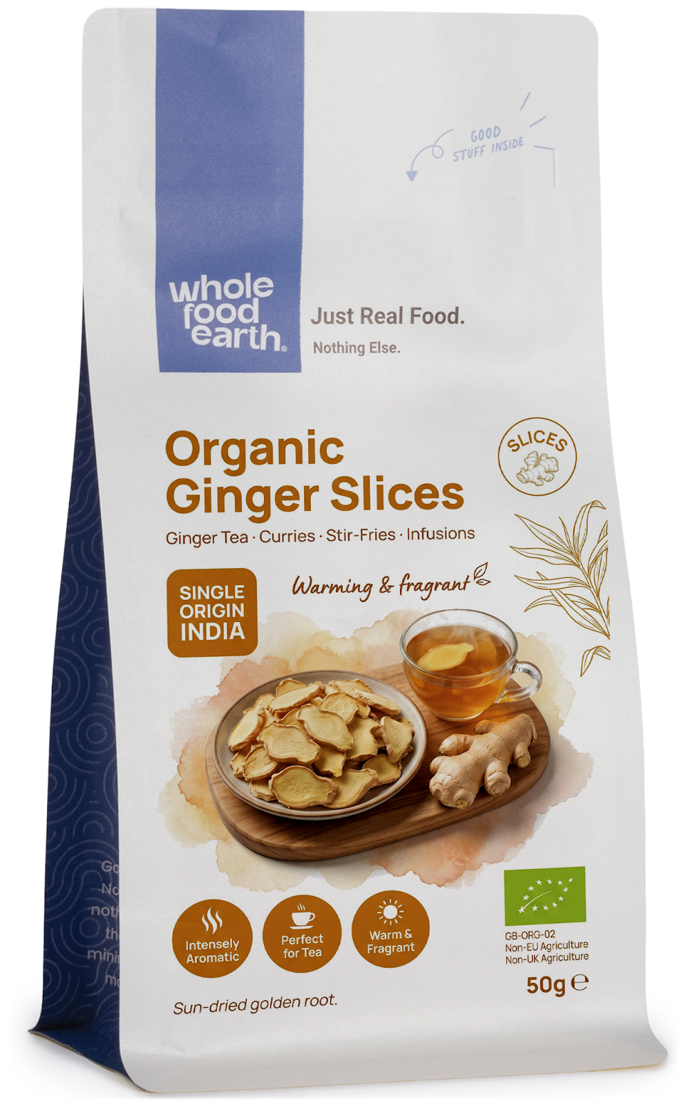 Organic ginger slices from Whole Food Earth, fresh herbs and spices, showing thin, peeled ginger slices on a clean surface.