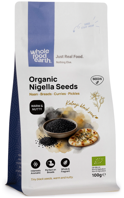 Organic Nigella seeds from Whole Food Earth, close-up of small black seeds used as herbs and spices