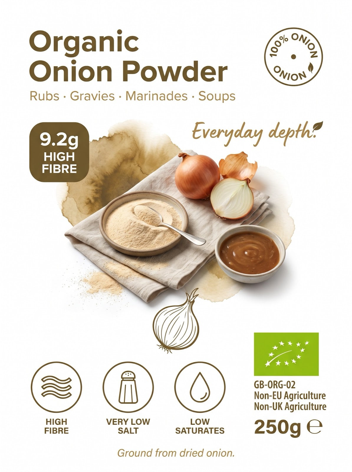 Organic onion powder from Whole Food Earth, close-up of a jar of finely ground onion spice in a clear glass container.