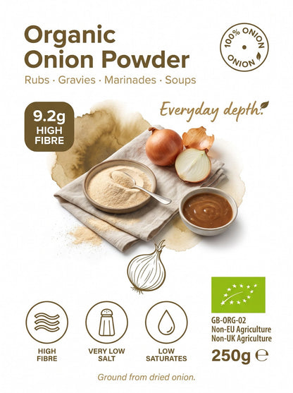 Organic onion powder from Whole Food Earth, close-up of a jar of finely ground onion spice in a clear glass container.