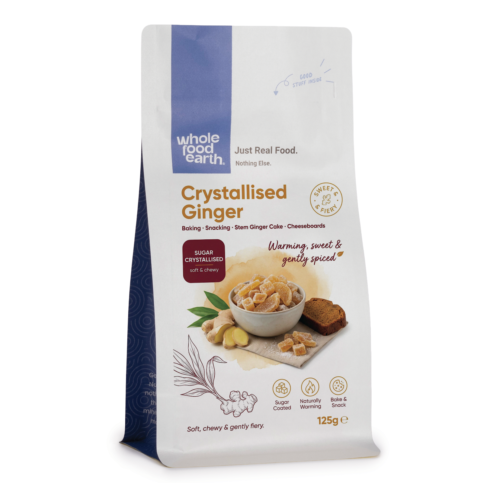 Crystallised ginger slices from Whole Food Earth, a specialty product with golden candied ginger pieces on a neutral background.
