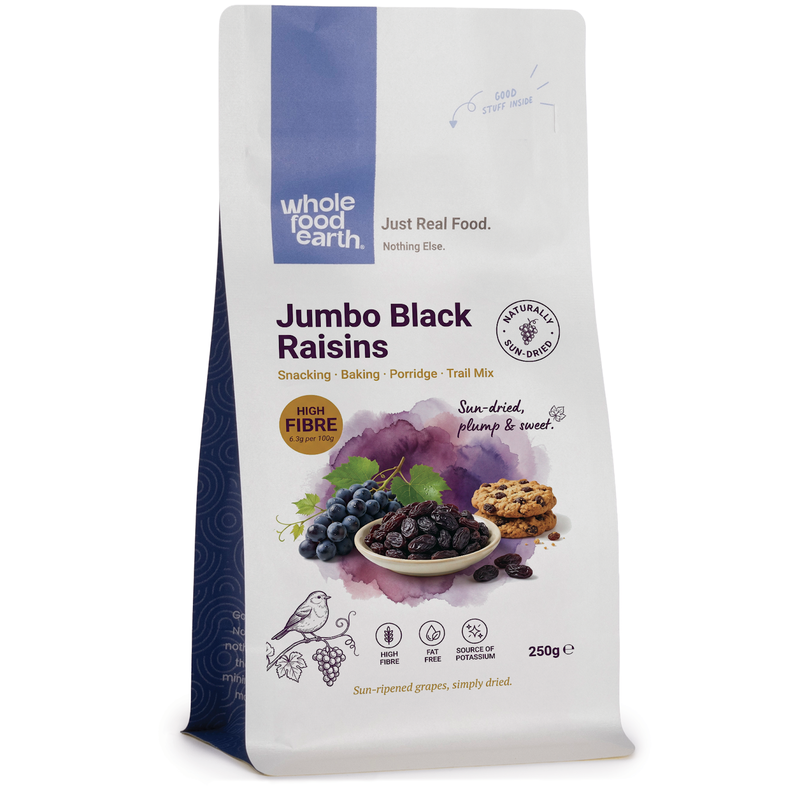 Jumbo black raisins from Whole Food Earth, dried fruit in a bowl showing large, dark, plump raisins with a glossy surface.