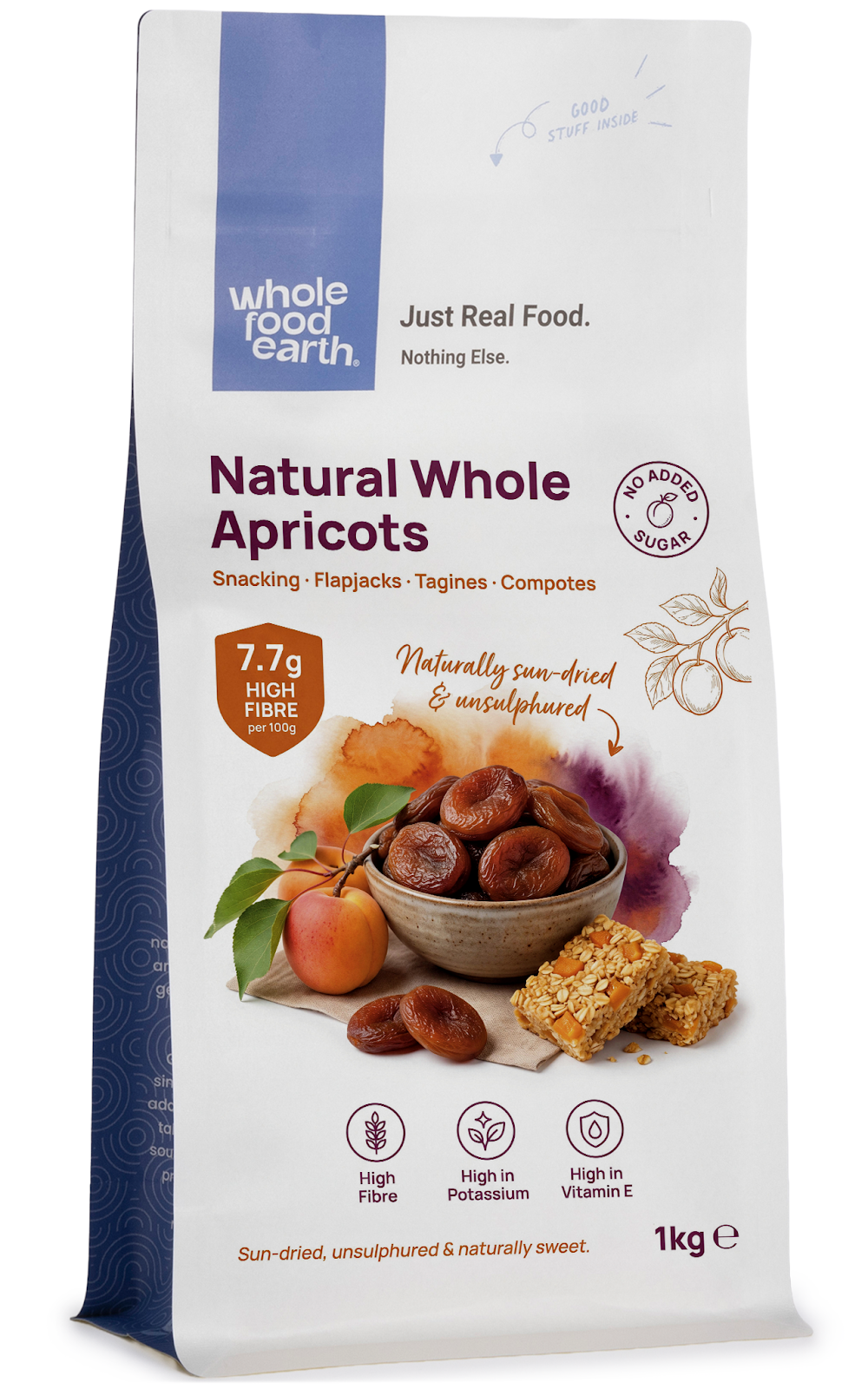 Dried whole apricots from Whole Food Earth, natural and plump dried fruit, showcasing their orange color and textured surface.