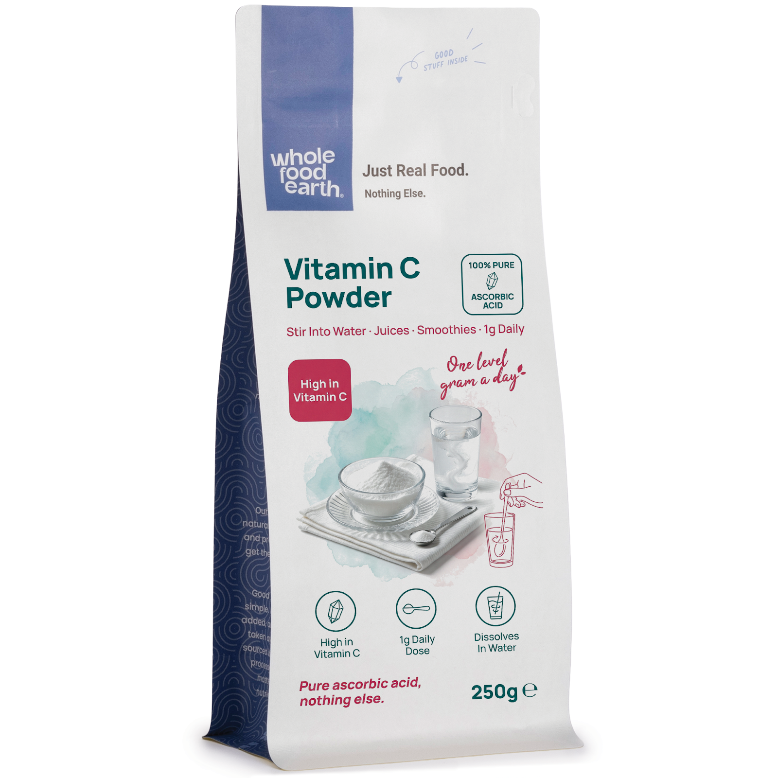 Pure Vitamin C powder from Whole Food Earth, showing a clear, fine white powder in a glass jar for health and supplement use.