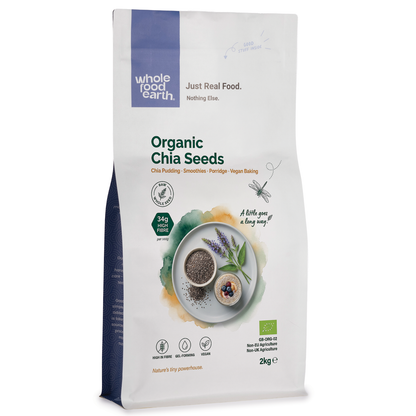 Whole Food Earth organic chia seeds in 250g to 25kg packages, showing small, oval chia seeds in clear packaging.