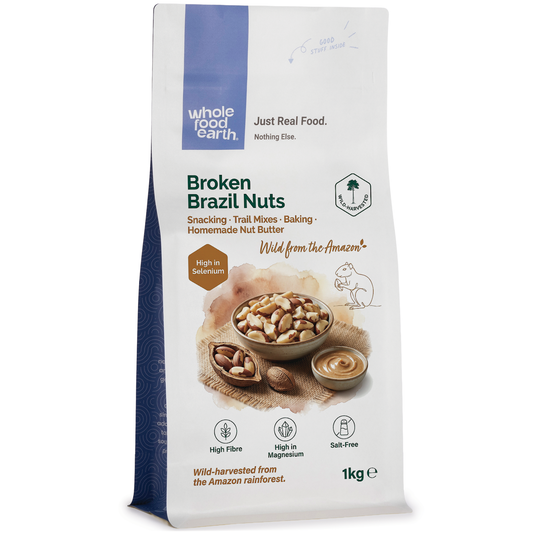 Broken Brazil nuts from Whole Food Earth, showing their large, irregular pieces and rich brown color in a natural nut display.