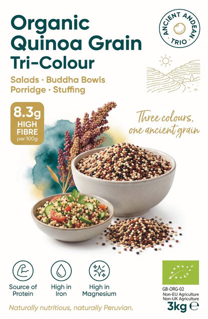 Tri-color organic quinoa grain from Whole Food Earth, displaying colorful, raw quinoa grains in a natural setting.