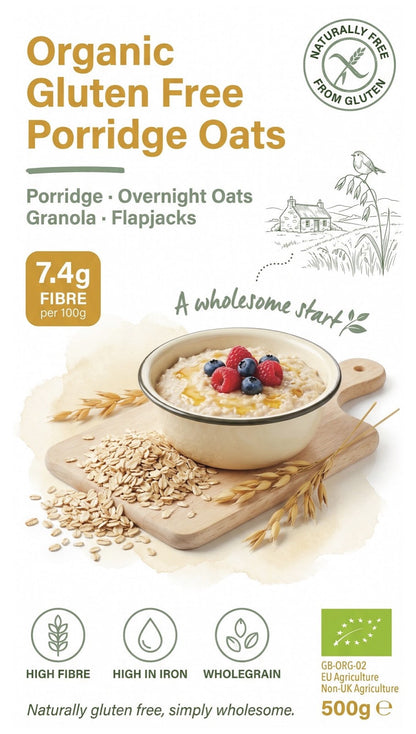 Organic gluten-free porridge oats in a bowl, showing whole grain cereals from Whole Food Earth on a wooden surface.