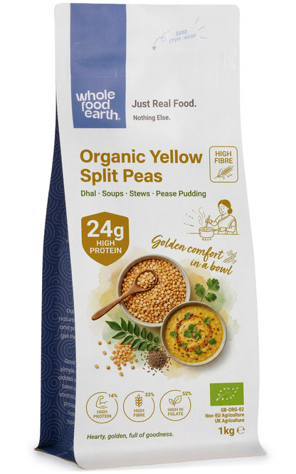 Organic yellow split peas from Whole Food Earth, close-up of dried beans in a bowl, showcasing vibrant yellow color and smooth texture.