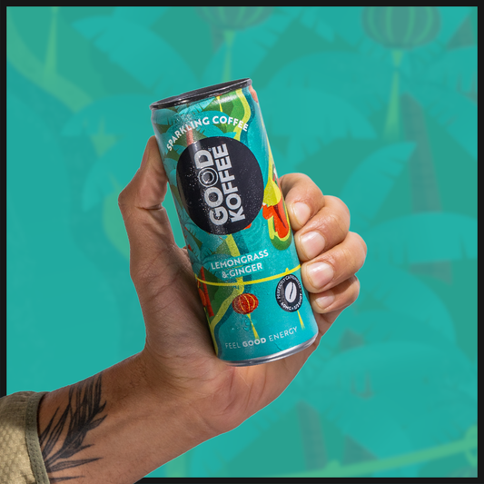 Sparkling coffee can with lemongrass and ginger flavor from GOOD KOFFEE, Vietnam, in a 12-pack, showing colorful cans on a table.