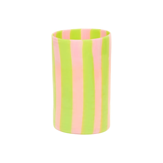 Green and pink Maxi Tumbler by domenicamarland, showcasing a colorful, durable travel mug with a sleek design and lid.