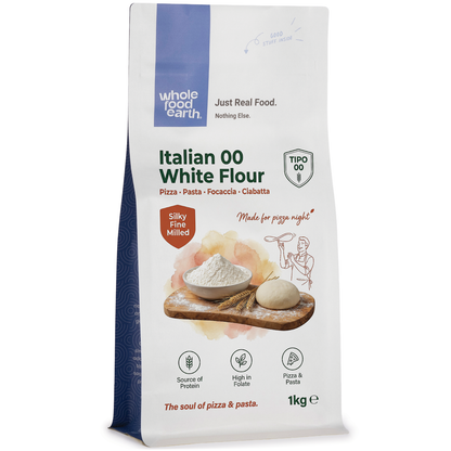 Bag of Whole Food Earth Italian 00 White Flour, a finely milled flour for baking and cooking, shown in a clear package.