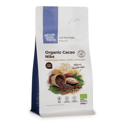 Organic cacao nibs from Whole Food Earth, specialty raw cacao pieces with a rich, dark appearance and crunchy texture.