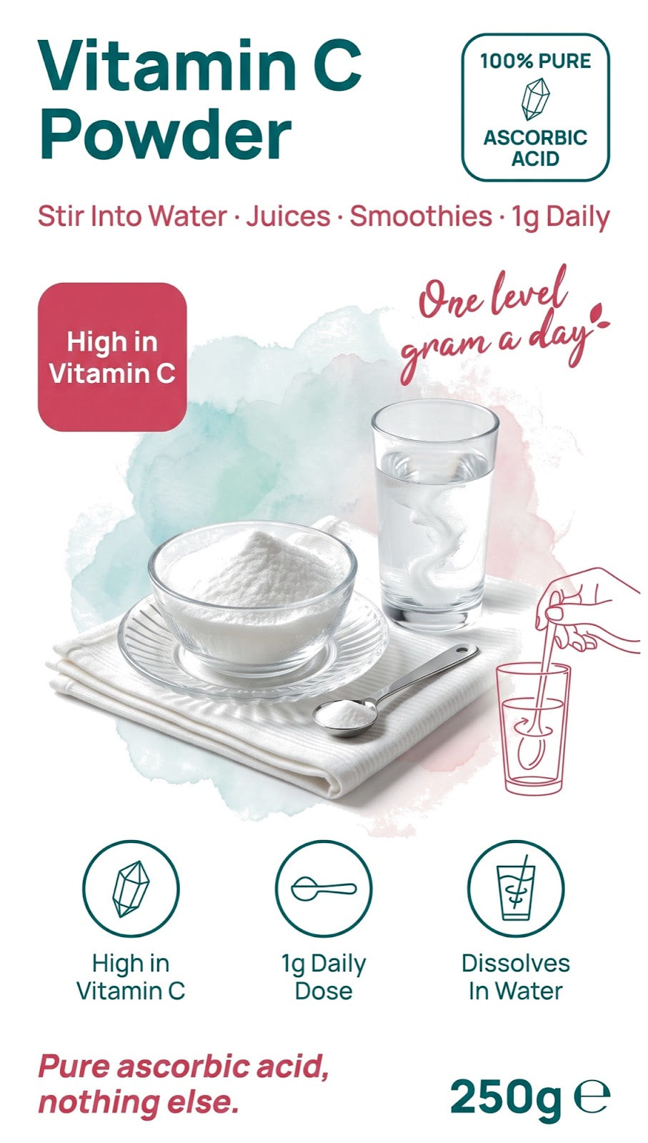 Whole Food Earth Vitamin C Powder, 100% pure ascorbic acid in a clear jar with a scoop, showing the bright orange powder.