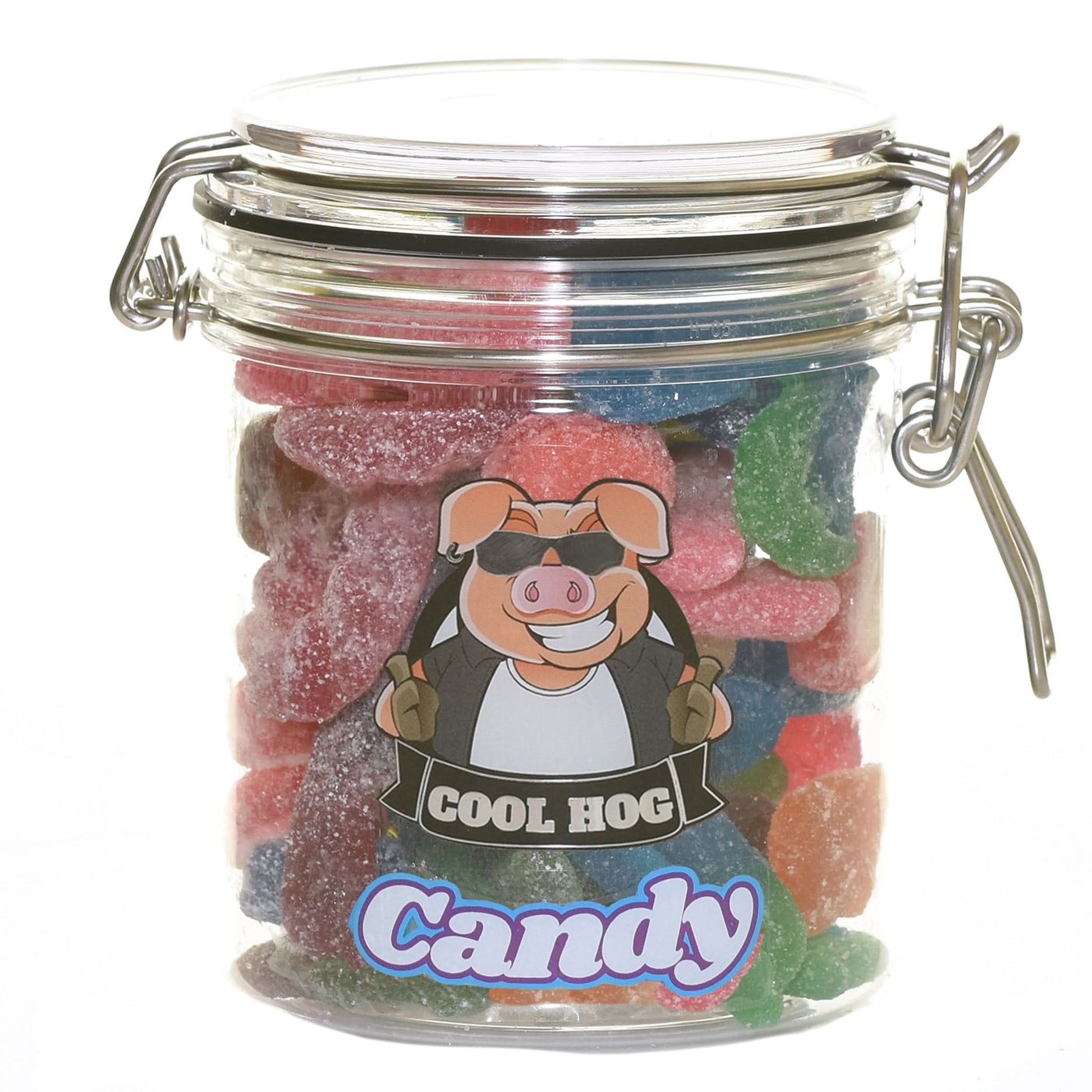Small jar of Cool Hog Snacks Sweet & Sour Candy with fizzy jelly mix, perfect for gifting or snacking.