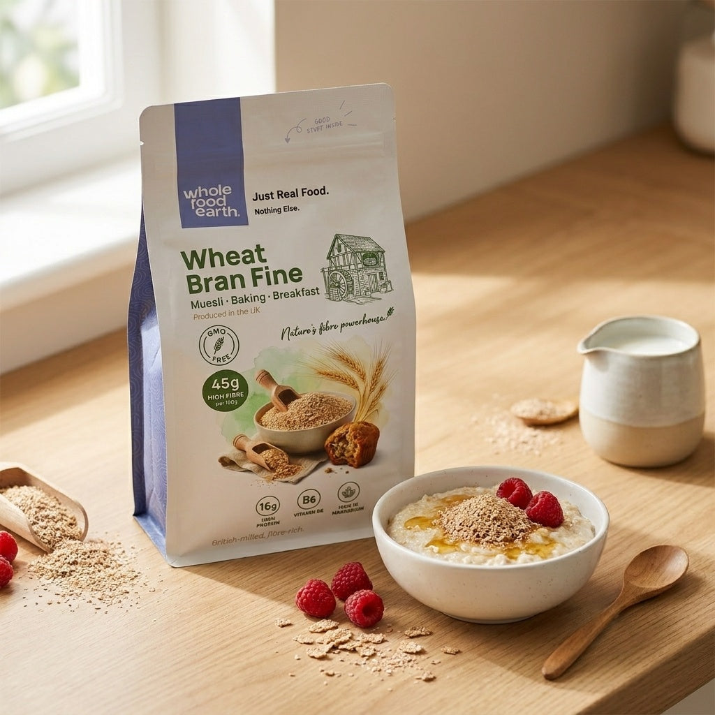 Fine wheat bran cereal from Whole Food Earth, shown in a clear image highlighting its light, coarse texture and natural appearance.
