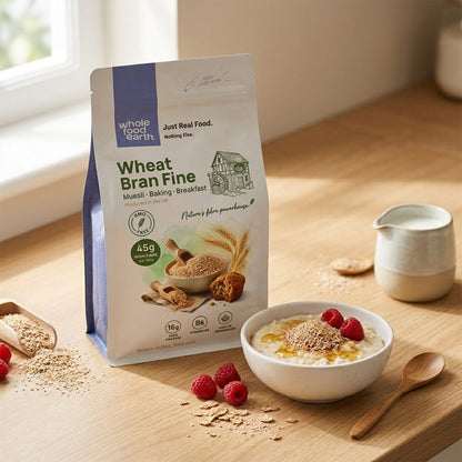 Fine wheat bran cereal from Whole Food Earth, shown in a clear image highlighting its light, coarse texture and natural appearance.