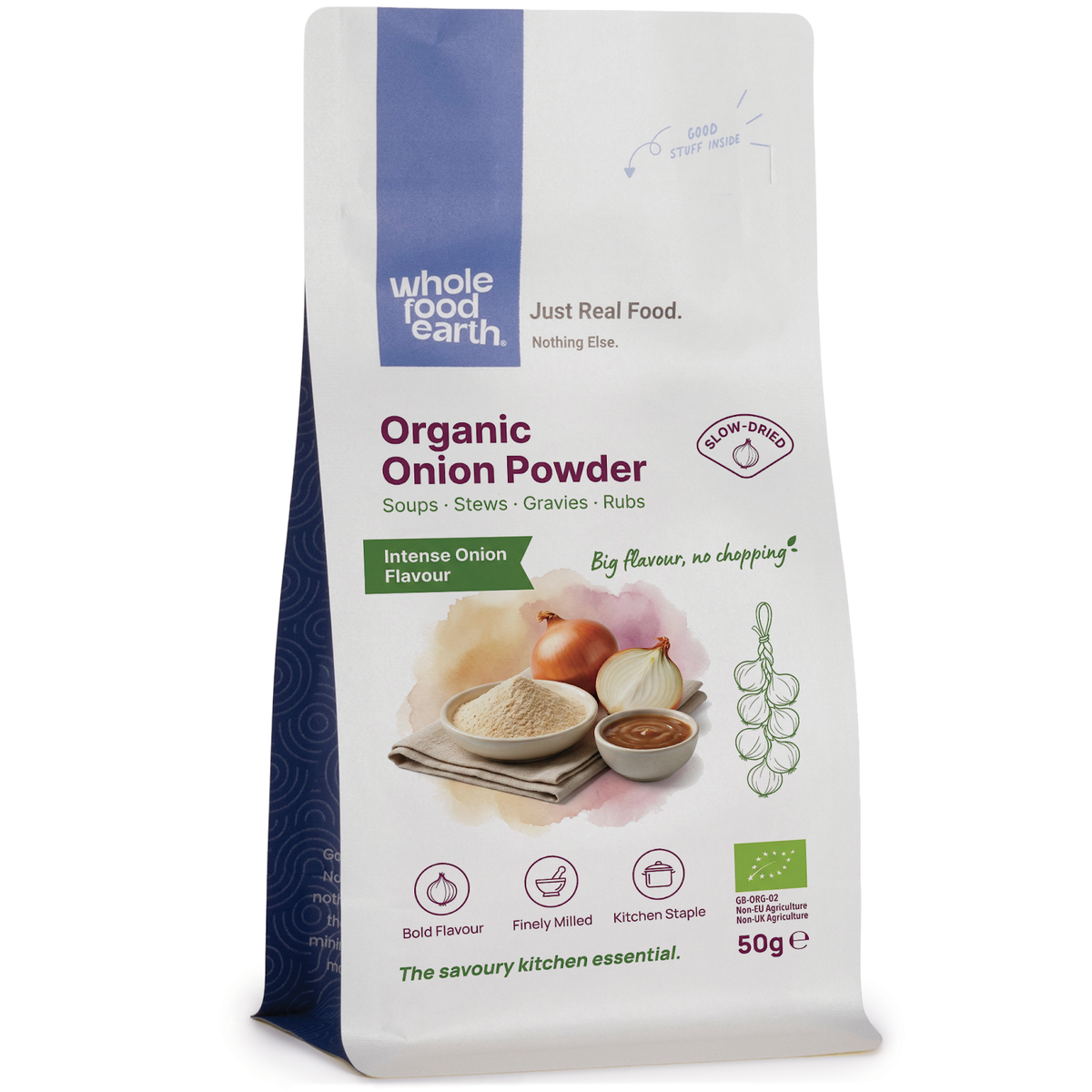 Organic onion powder from Whole Food Earth, close-up of fine brownish spice in a clear container.