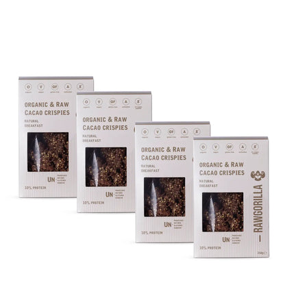 Whole Food Earth Cacao Crispies breakfast cereal in 250g package, RAWGORILLA brand, with crispy chocolate-flavored grains.