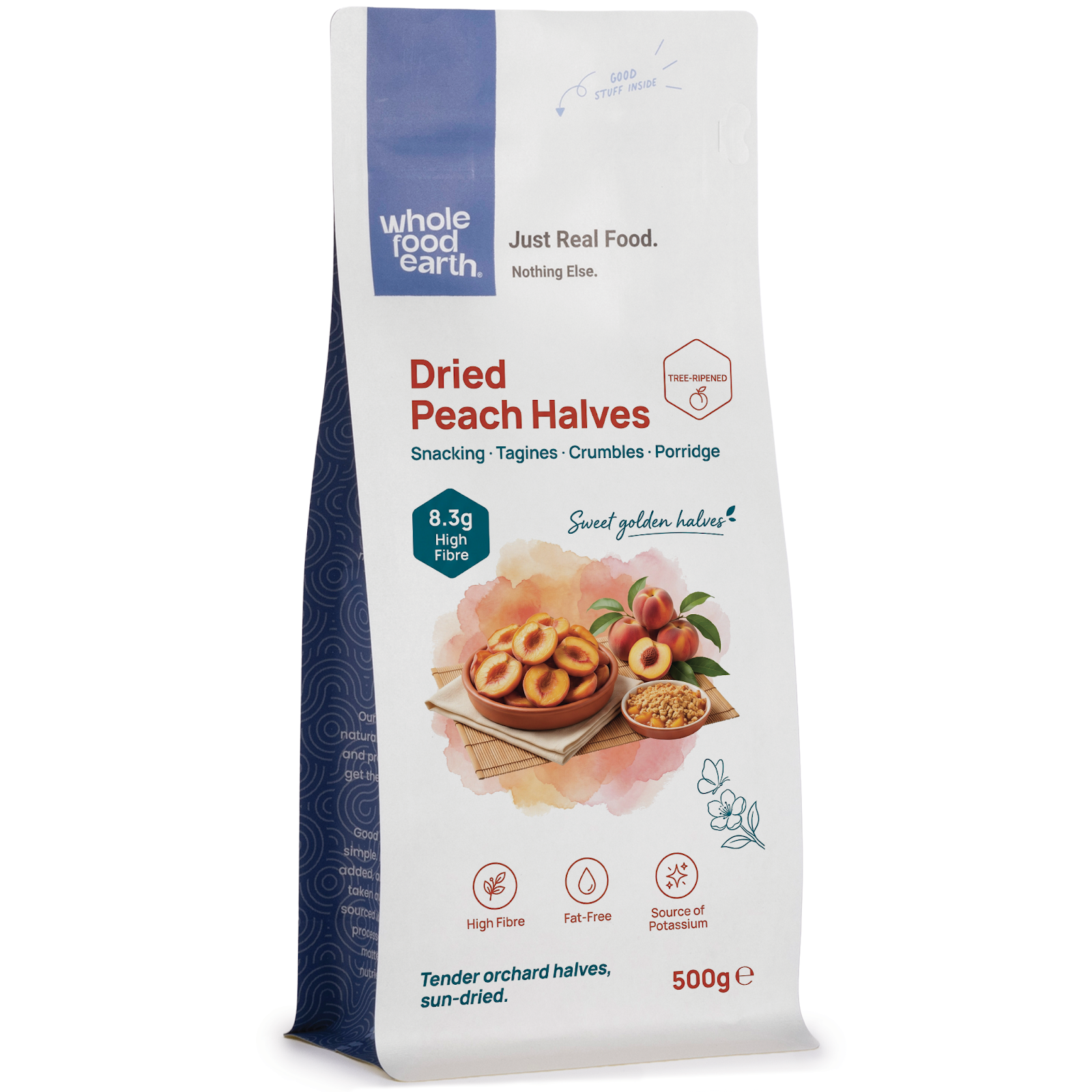 Dried peach halves from Whole Food Earth, slices of dehydrated, sweet dried fruits with vibrant orange color.