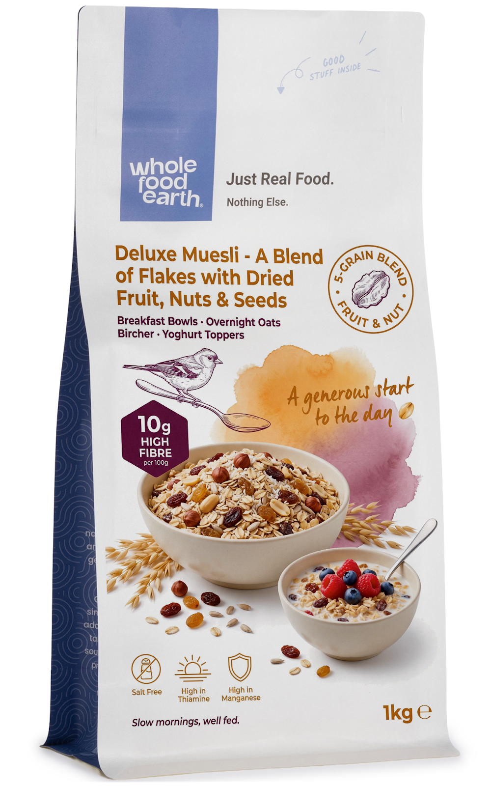 Whole Food Earth Deluxe Muesli cereal with flakes, dried fruit, nuts, and seeds in a bowl for healthy breakfast.
