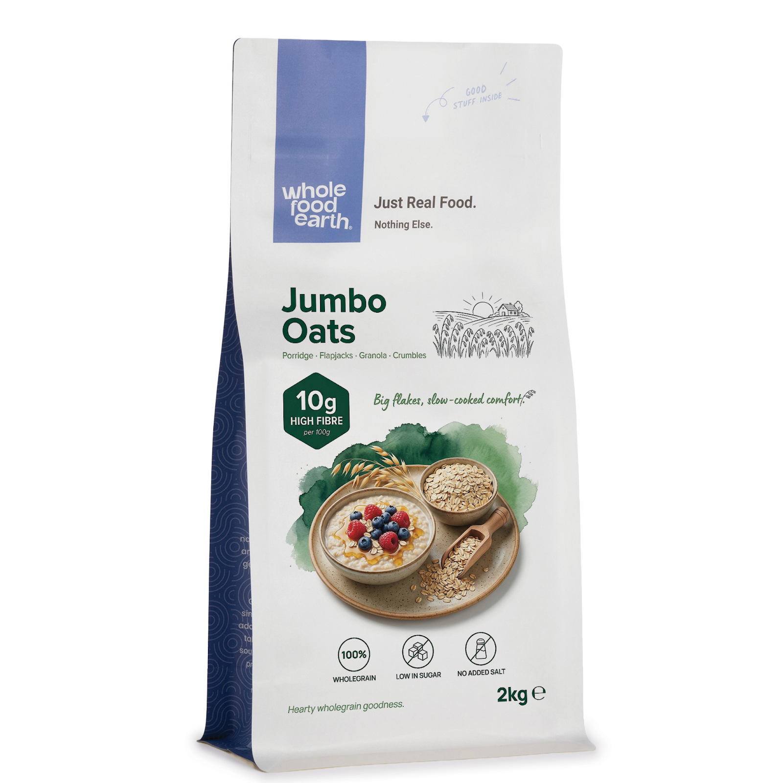 Bowl of Whole Food Earth Jumbo Oats cereal with a spoon on a wooden table, showcasing the hearty, whole grain oats.