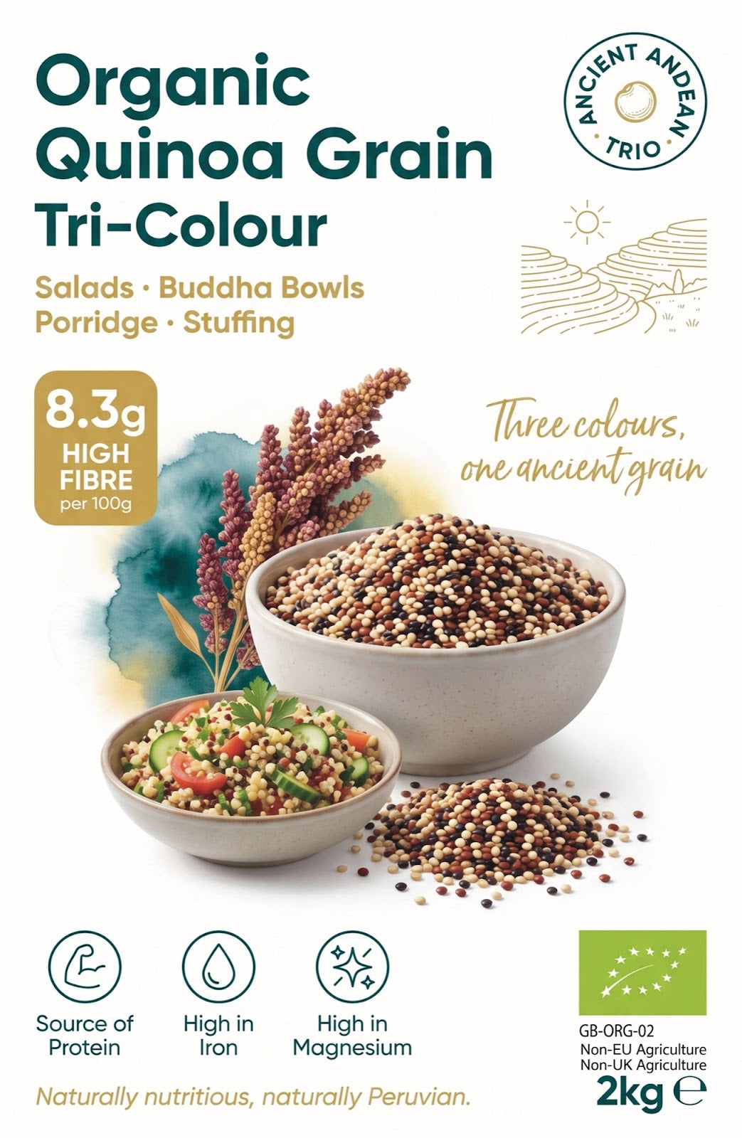 Tri-color organic quinoa grain from Whole Food Earth, showing colorful, raw quinoa grains in a close-up view.